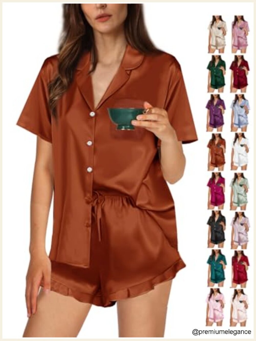 Silky Satin Ruffle Pajama Set Women Short Sleeve Sleepwear Lounge